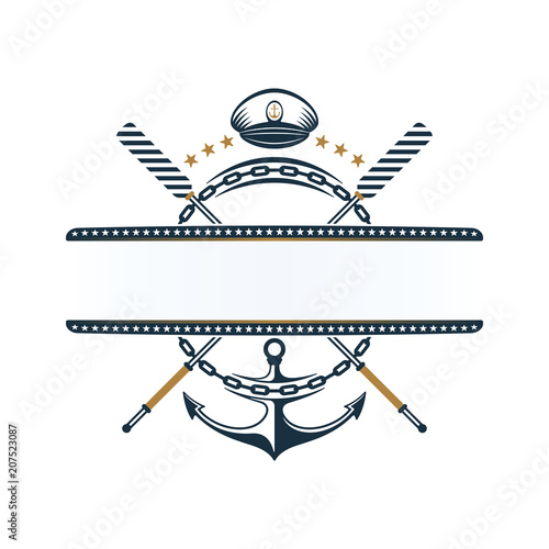 Nautical label; anchor, oar, anchor chain, captains hat icons