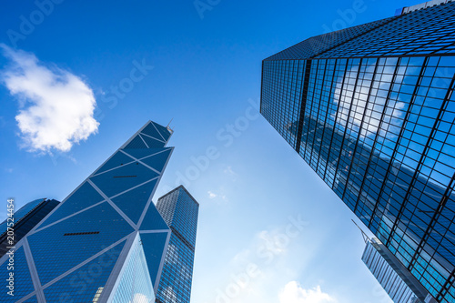 Photography up view of modern office building in hongkong