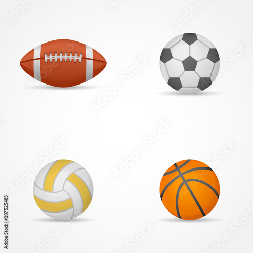 Set of sports balls isolated on white background. Football  soccer ball  volleyball and basketball. Vector illustration.