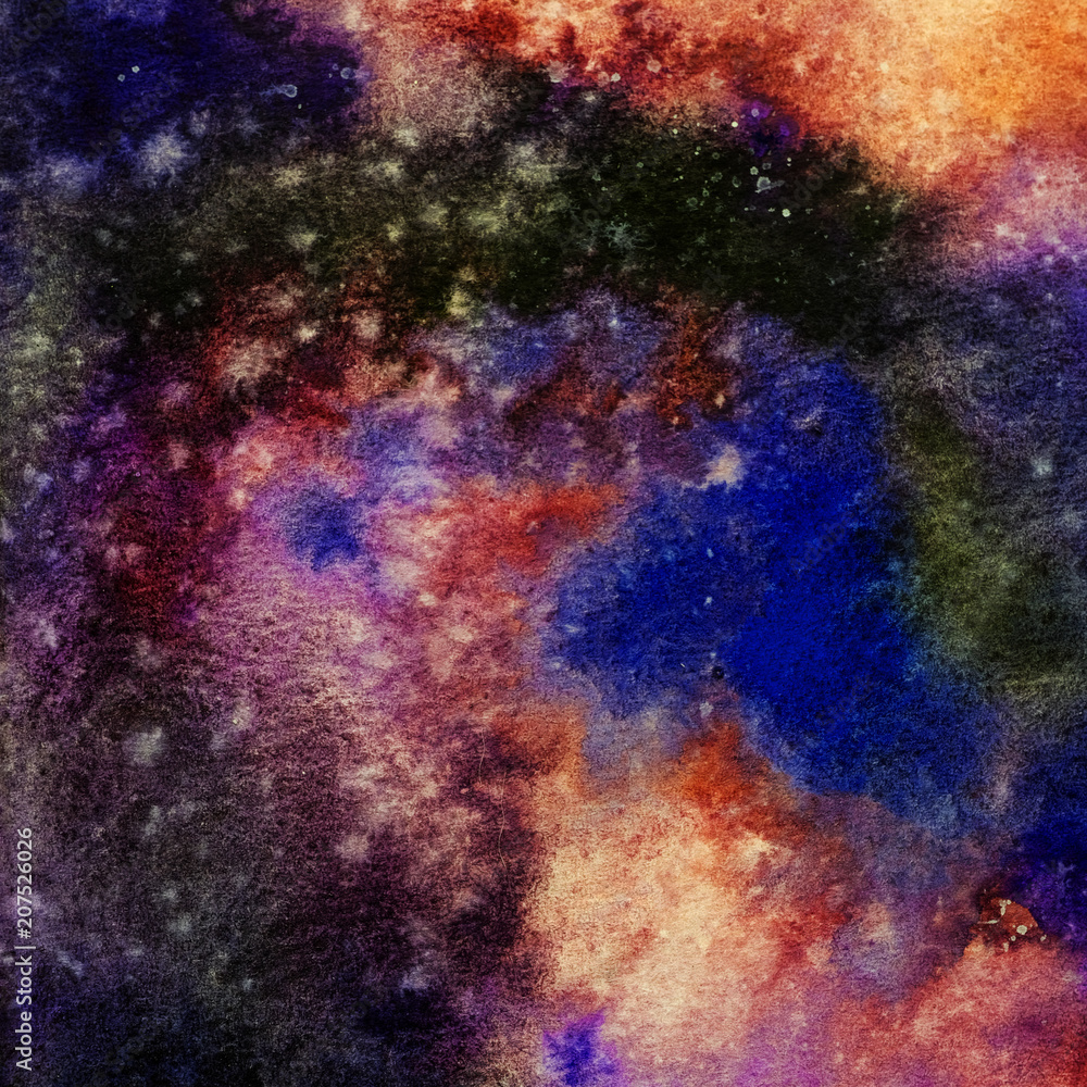 Watercolor painting space background, Abstract galaxy watercolor hand painting,Cosmic Night with star textured background