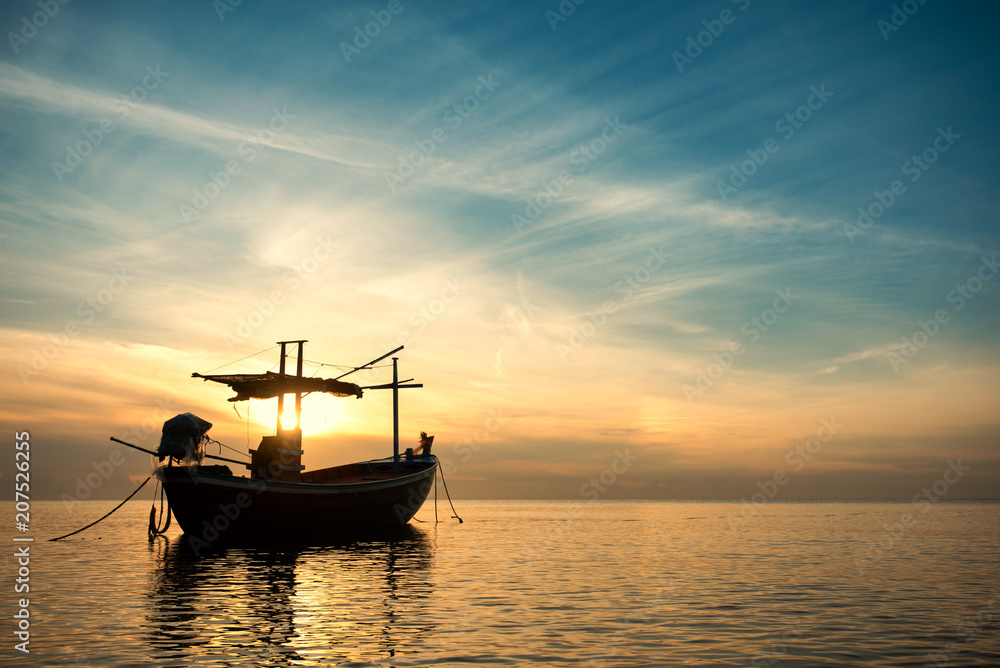 Sunset Over the Sea with Fishing Boat , Beautiful Nature Background from Hua Hin , Thailand