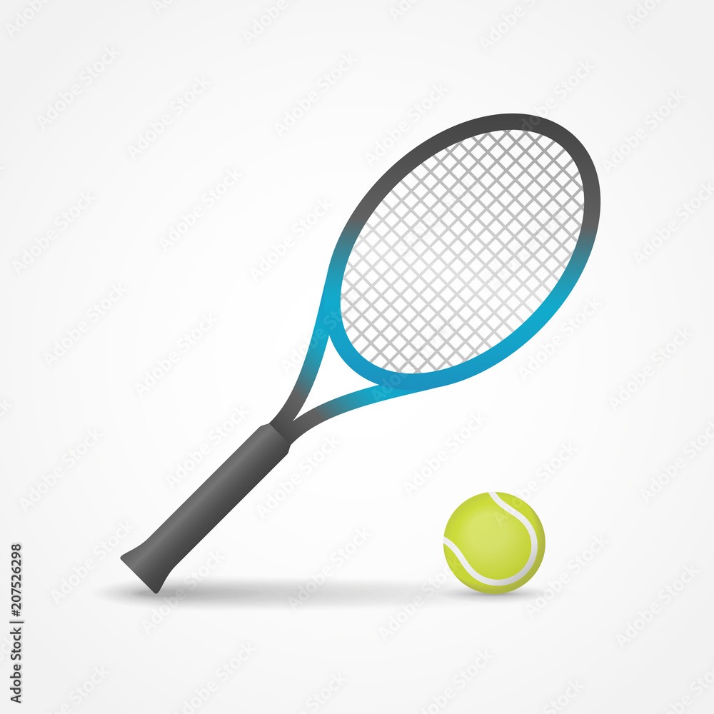 Tennis racket and ball isolated on white background. Vector illustration.
