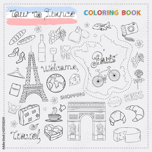 France tour icon set.Hand draw doodle sign collection.