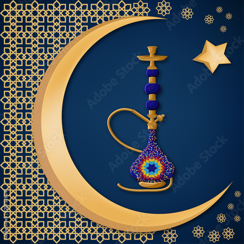 Traditional turkish ceramic blue hookah with oriental decoration, moon, and star on dark blue background.