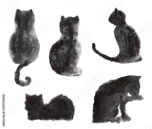 Фотография Watercolor collection of black cats