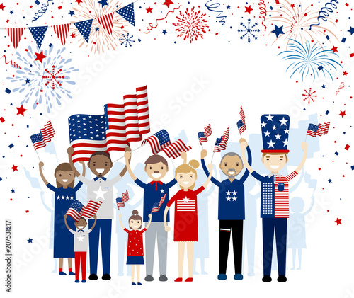 Group of people holding american flag with fireworks on white background USA 4th july independence day and other celebration