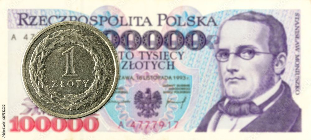 1 polish zloty coin against 100000 polish zloty bank note