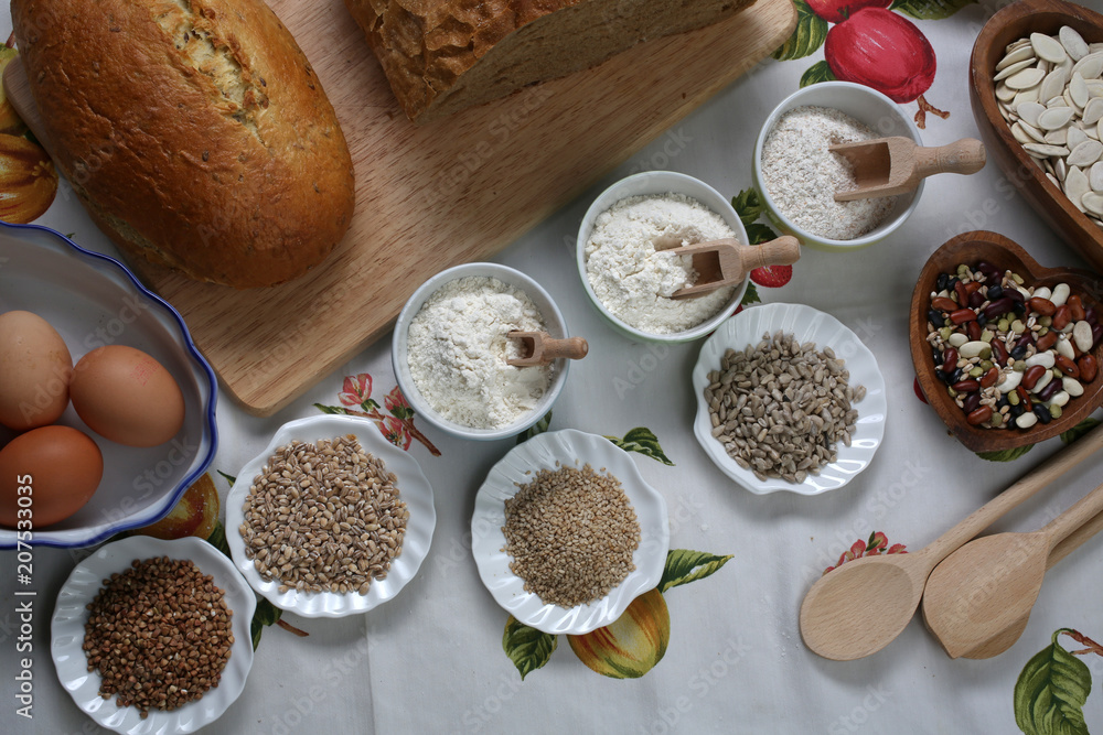 Ingredients for whole grain healthy bread, whole wheat flour, wheat germ and eggs
