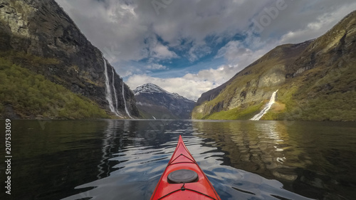 Kayaking towards the Seven Sisters waterfall in Geirangerfjord, Norway