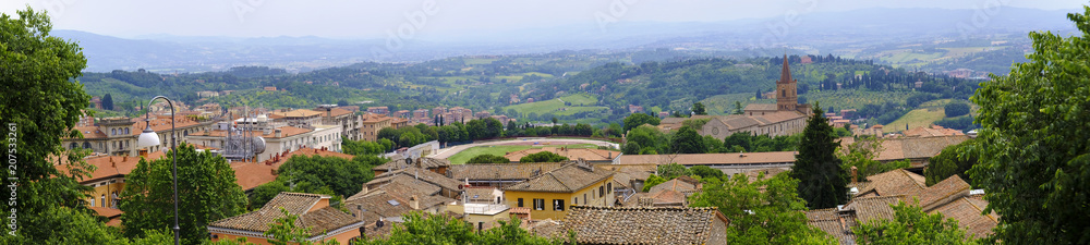 Perugia, Italy - panoramic view of Perugia, capital city of Umbria district, with surrounding mountains and valleys in the background