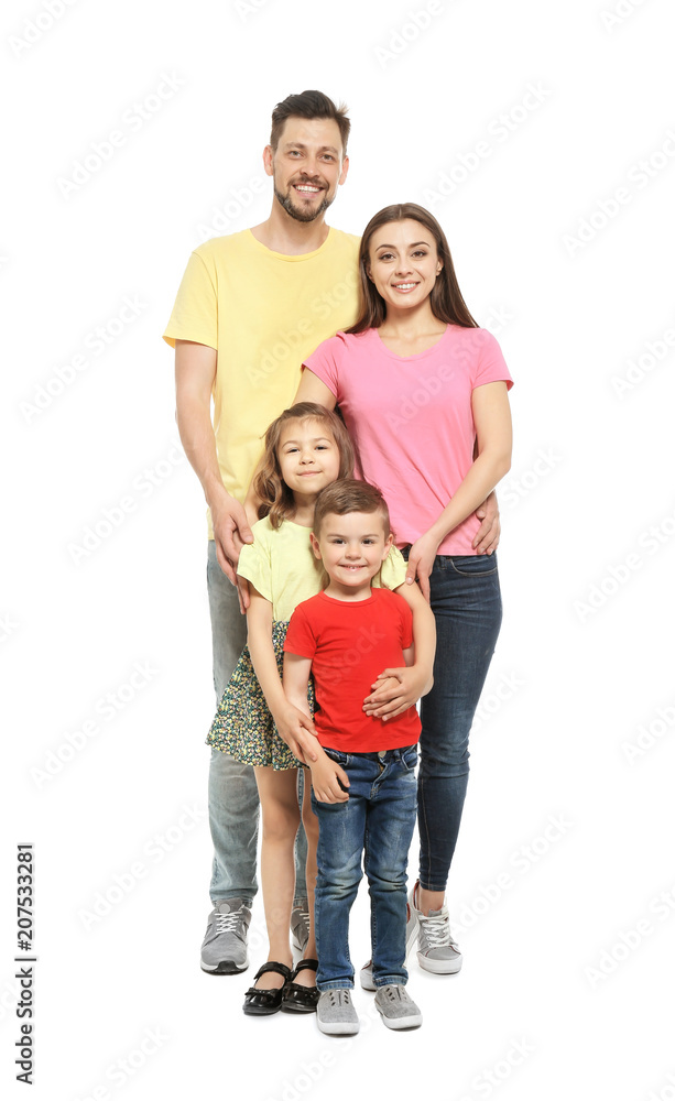 Full length portrait of happy family with children on white background