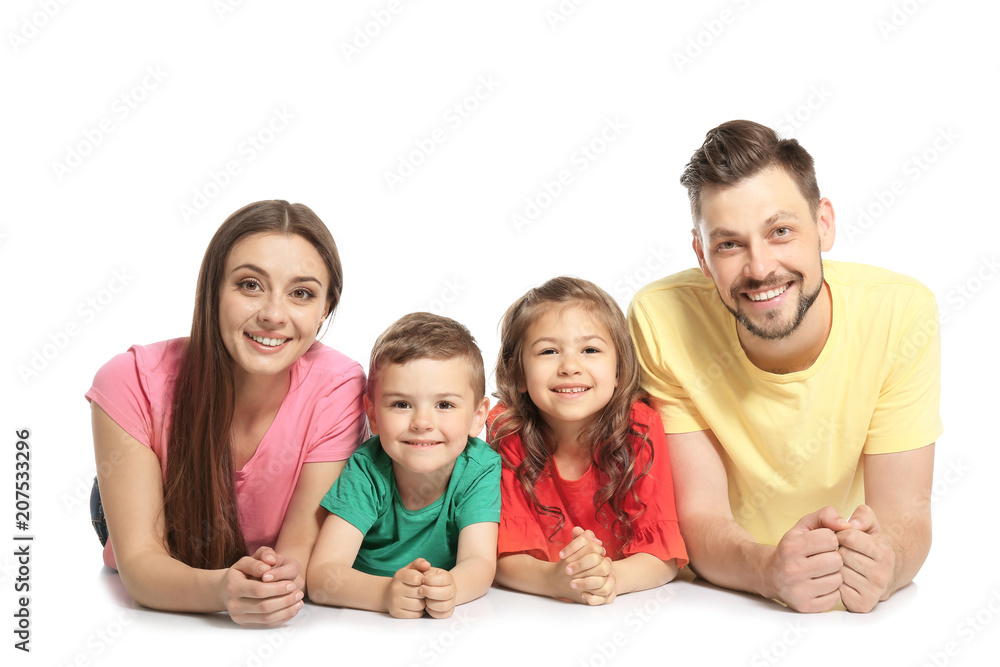 Happy family with cute children on white background Happy family with cute children on white background