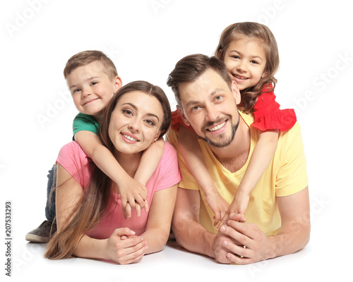 Happy family with cute children on white background