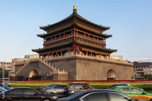 View of the beautiful Bell Tower in the city of Xian in China, Asia.