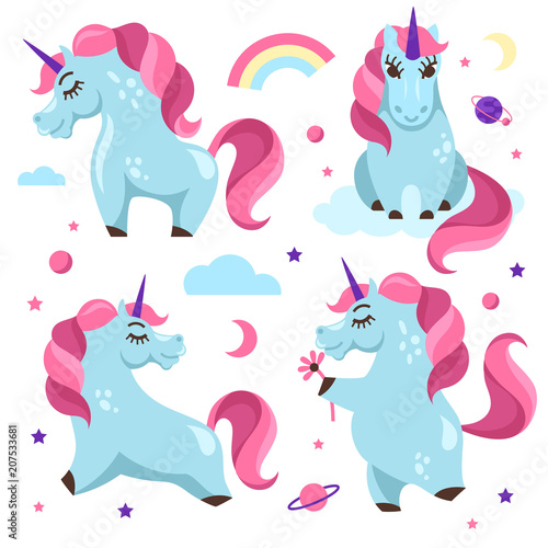  set of cartoon unicorns. vector illustration