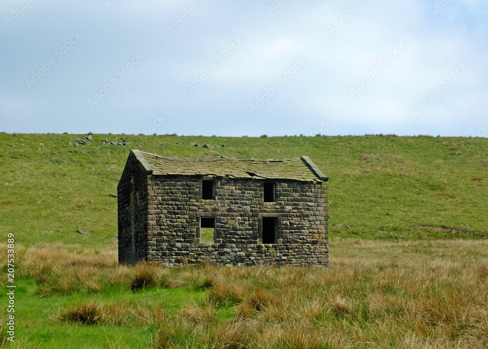 an old abandoned stone farmhouse in green pasture on high pennine moorland with bright blue sky an old abandoned stone farmhouse in green pasture on high pennine moorland with bright blue sky