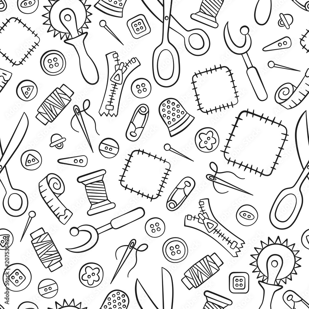 Sewing and needlework. Tools and accessories. Seamless pattern in doodle and cartoon style. Linear. Sewing and needlework. Tools and accessories. Seamless pattern in doodle and cartoon style. Linear.