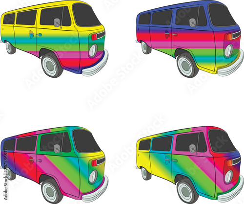hippy bus with rainbow aerography vector drawing