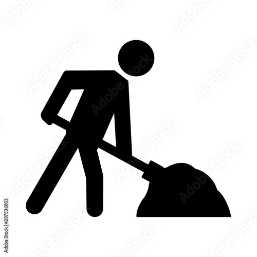 Under construction warning sign. Vector stickman shoveling.