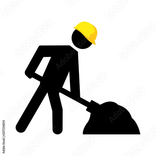 Under construction warning sign. Vector stickman with yellow helmet shoveling. 