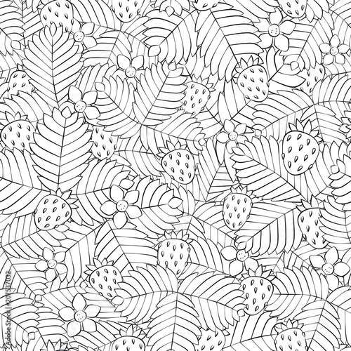 Field of wild forest strawberry. Seamless pattern. Hand drawn. Linear. Vector. EPS 8
