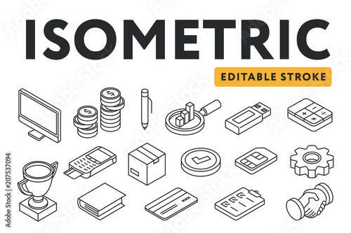 Isometric Flat Line Icon Set. Computer, coins, pen, analysis, graph, usb flash drive, calculator, trophy cup, pin pad, box, SIM card, cogwheel, book, credit card, clipboard, handshake. Editable Stroke