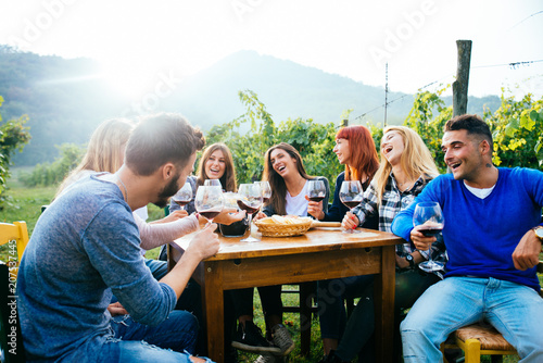 Canvas Print Friends having dinner in garden