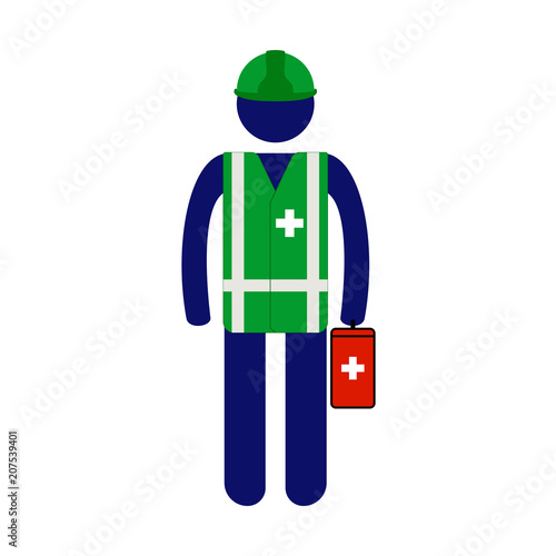 Vector pictogram site doctor in green vest and helmet with red first aid kit box