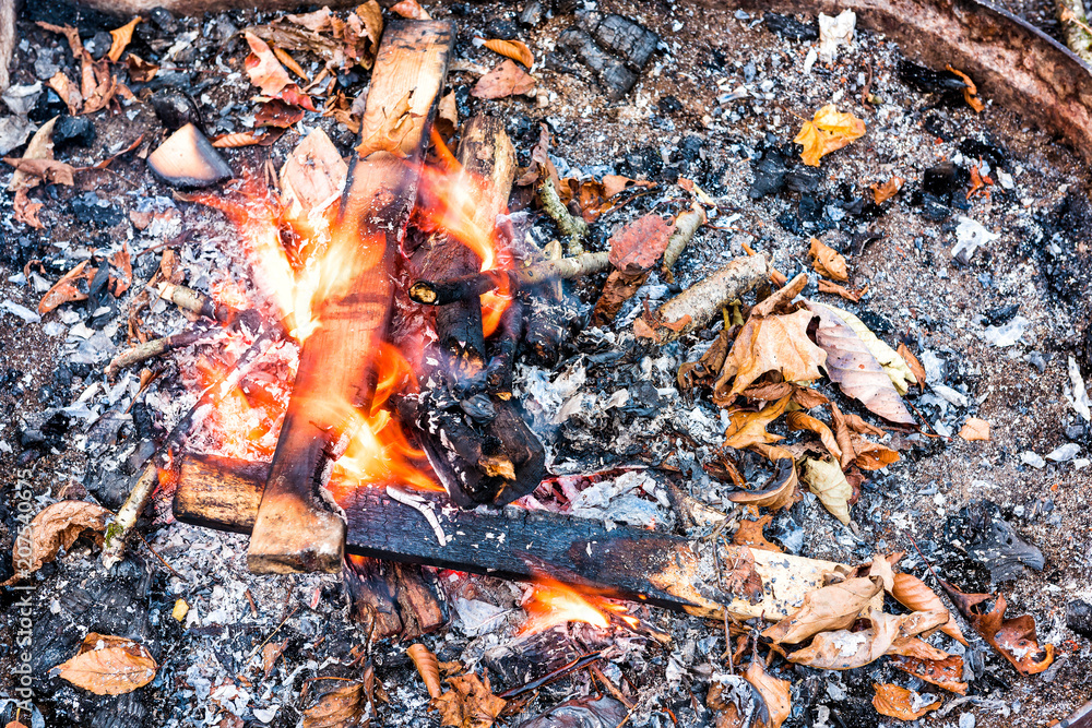 Closeup of wooden logs wood on fire showing detail and texture by campground campfire grill in outdoor park with flame, smoke Closeup of wooden logs wood on fire showing detail and texture by campground campfire grill in outdoor park with flame, smoke