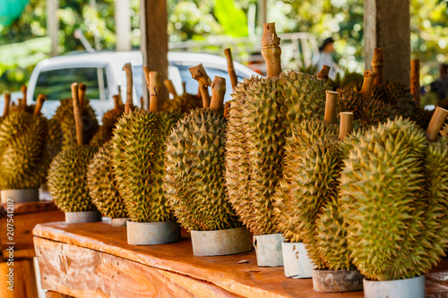 Tropic fruit durian on market table.