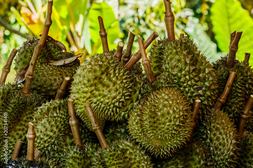 Tropic fruit durian on market table.
