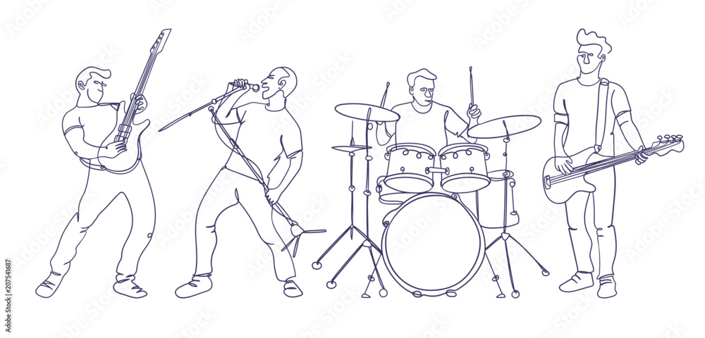 Obraz premium Rock musicians illustration in continuous single line drawing style. Dynamic and minimalistic design. Isolated characters playing rock music. 