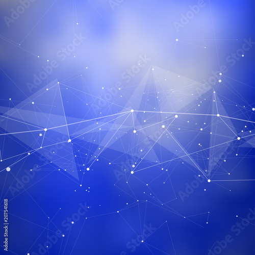 Blue futuristic abstract illustration with ink-like spots and a digital wave consisting of dots connected by lines & low polygonal shapes - illustrates modern biotechnology, computer data & networks