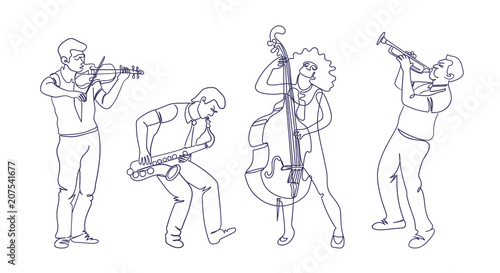 Jazz musicians illustration in continuous single line drawing style. Dynamic and minimalistic design. Isolated characters playing music. 