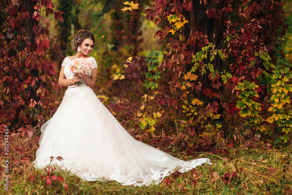 smiling bride in an autumn forest. smiling bride in an autumn forest.