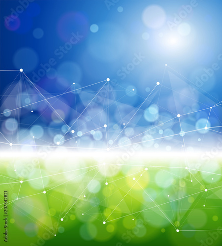 blue green bokeh - environment ecology concept - abstract image of grass & sky connected by a white digital wave created from points and lines - as an image of innovation, modern technology & science