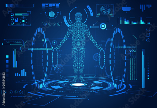 abstract technology ui futuristic concept. Human digital health care hud interface hologram elements of digital data chart, communication,vitality innovation on hi tech future design background