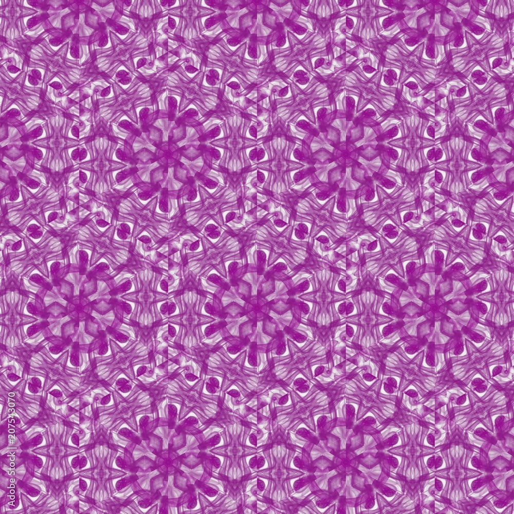 Purple or violet seamless pattern background. Stencil for printed matter, print on fabric or textile, clothes and ceramic. Creative template for design products decoration. Symmetric kaleidoscope art.