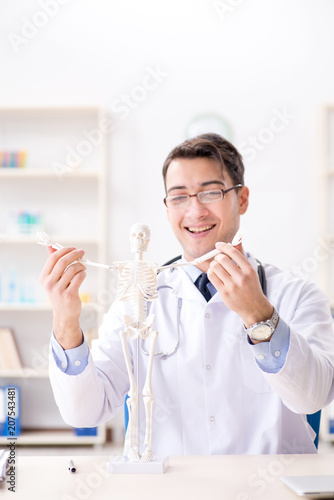 Doctor explaining human body on skeleton