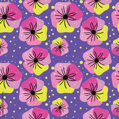 Seamless floral pattern in pink tones on a lilac background.