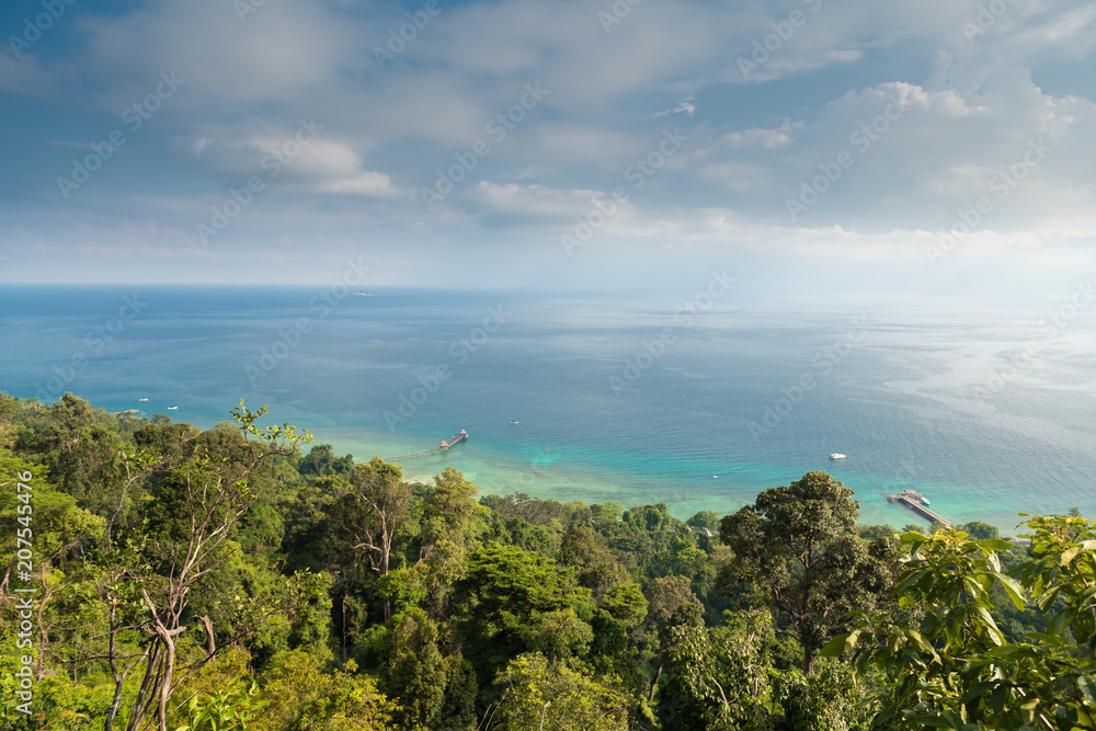 Panoramic view over Tioman Island, with rainforest and the sea. Malaysia