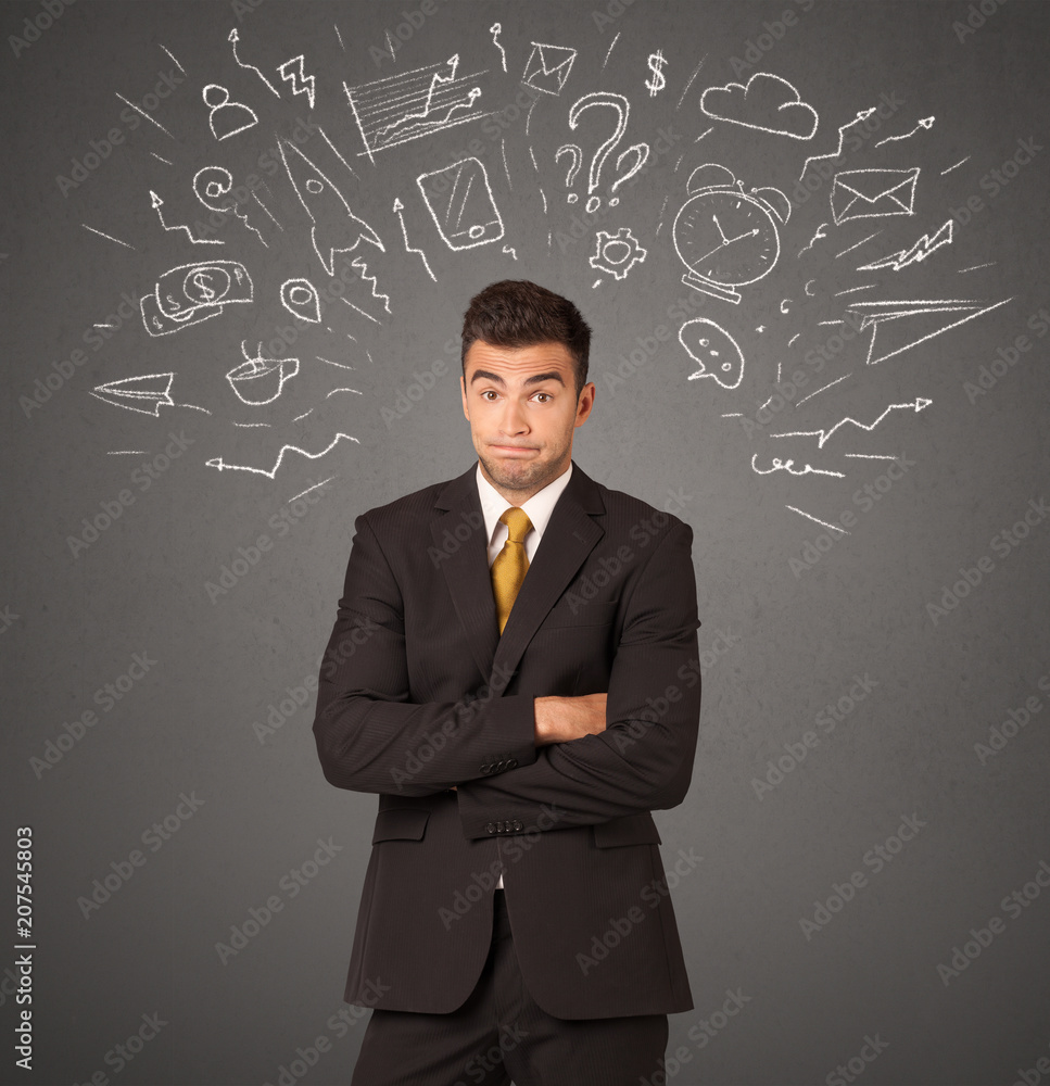 Young businessman with white social icons around his head 