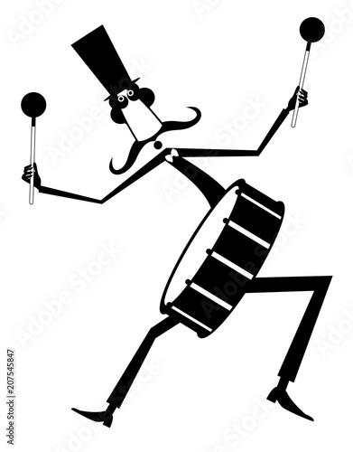 Funny mustache drummer isolated illustration. Mustache man in the top hat beats a big drum using drumsticks in both hands black on white illustration
