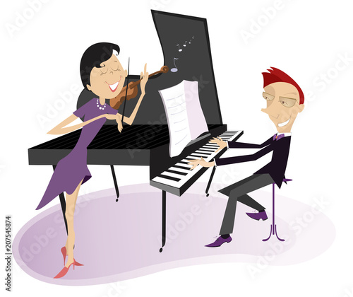 Couple musicians play music on violin and piano isolated illustration. Duet of violinist woman and pianist man isolated illustration
