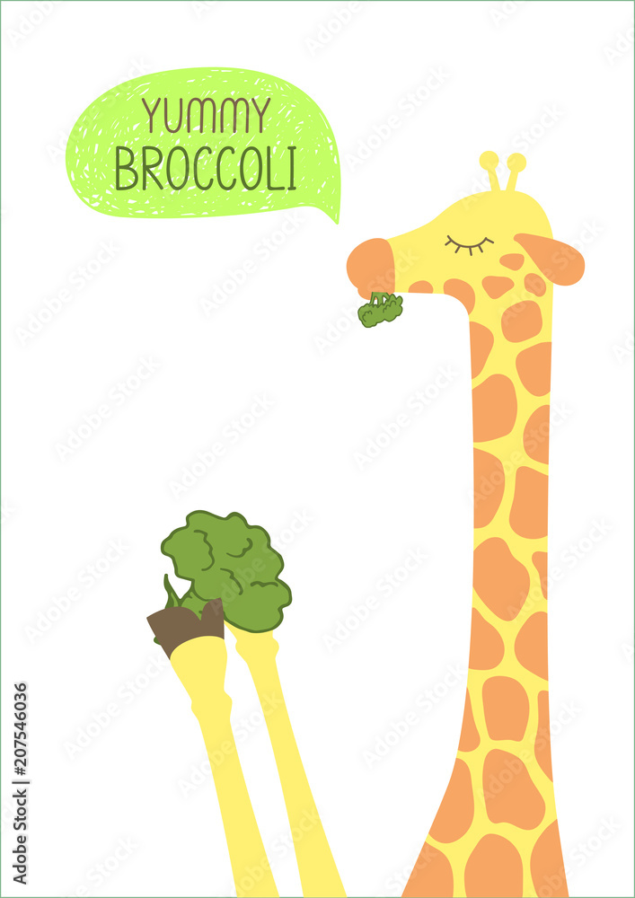 Fototapeta premium Yummy broccoli. Sweet giraffe eats cabbage on white background. Vector illustration encouraging children to eat vegetables.