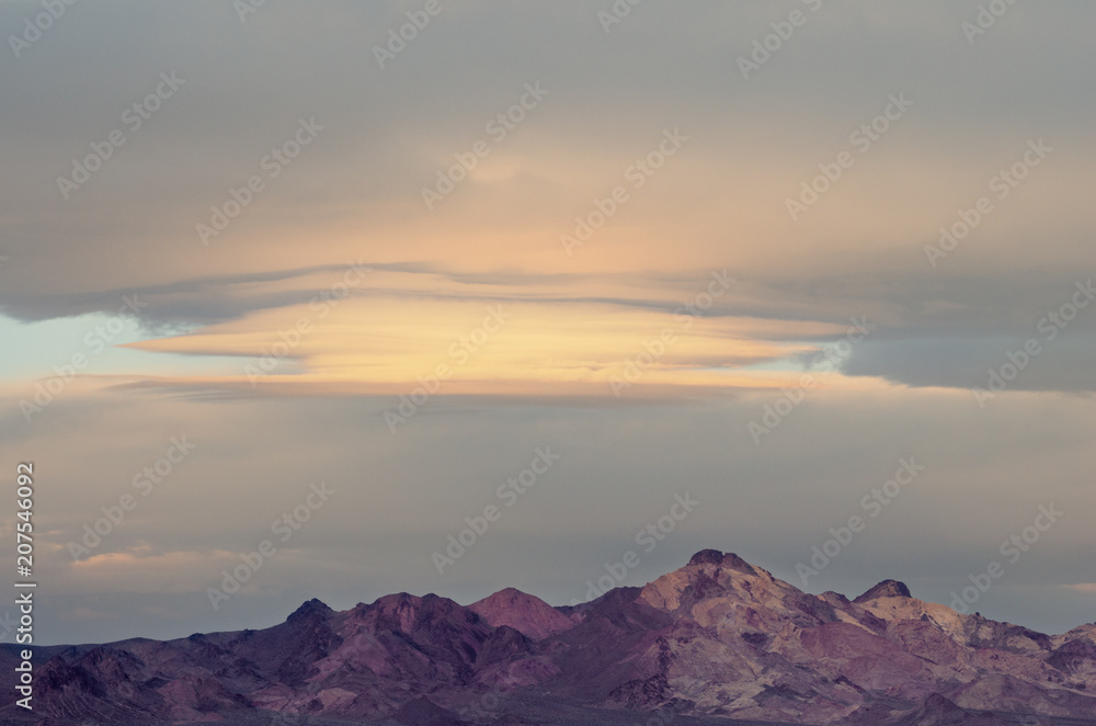 Morning lenticular clouds in the Mojave Desert in California.