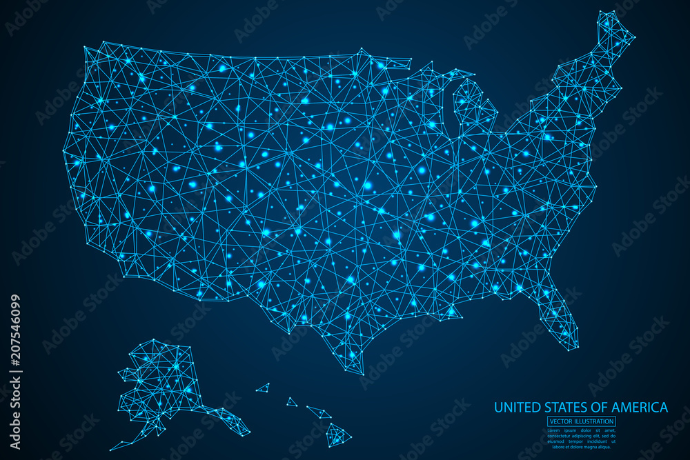 A map of United States of America consisting of 3D triangles, lines, points, and connections. Vector illustration of the EPS 10.