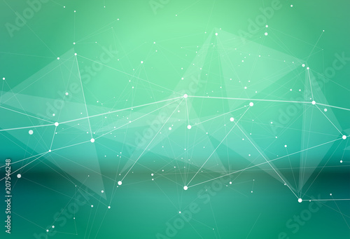 a white digital wave of dots, lines and triangles on a cold green background as a high-tech metaphor in medicine, science or the environment, biotechnology, health and biometrics