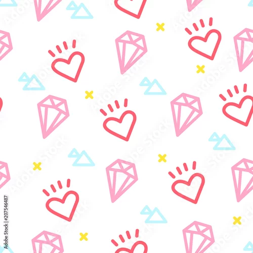 Tapety Barwi modnisia wzór z sercem, diamentem i trójbokiem na białym tle. Ozdoba do tekstyliów i opakowań. Wektor.