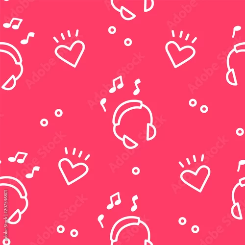 Tapety Lato wzór z hełmofonami i sercami na czerwonym tle. Ozdoba do tekstyliów i opakowań. Wektor.